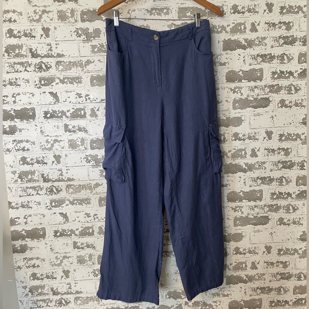 Sincerely Jules Blue Linen Wide Leg Cargo Pants Elastic Waist Relaxed Coastal L